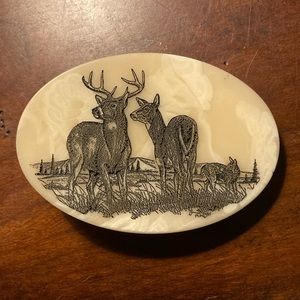 Engraved Stone Belt Buckle of Deer in Brush